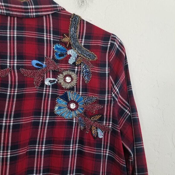 Zara Embellished Button Down Plaid Shirt Top Red Size L - Picture 9 of 10